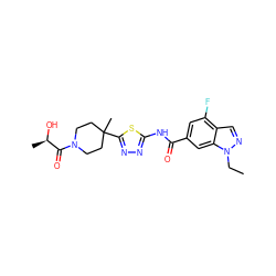 CCn1ncc2c(F)cc(C(=O)Nc3nnc(C4(C)CCN(C(=O)[C@@H](C)O)CC4)s3)cc21 ZINC000653845425