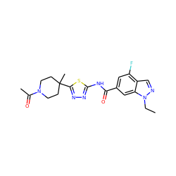 CCn1ncc2c(F)cc(C(=O)Nc3nnc(C4(C)CCN(C(C)=O)CC4)s3)cc21 ZINC000653850809