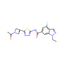 CCn1ncc2c(F)cc(C(=O)Nc3nnc(C4(C)CN(C(C)=O)C4)s3)cc21 ZINC000653843995