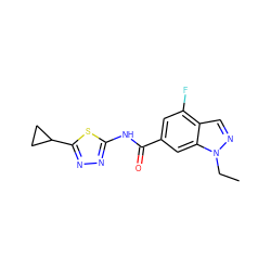 CCn1ncc2c(F)cc(C(=O)Nc3nnc(C4CC4)s3)cc21 ZINC000653856846