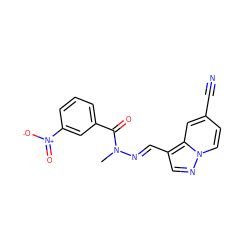 CN(/N=C/c1cnn2ccc(C#N)cc12)C(=O)c1cccc([N+](=O)[O-])c1 ZINC000073198319