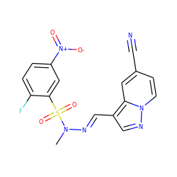 CN(/N=C/c1cnn2ccc(C#N)cc12)S(=O)(=O)c1cc([N+](=O)[O-])ccc1F ZINC000073386550