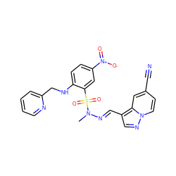 CN(/N=C/c1cnn2ccc(C#N)cc12)S(=O)(=O)c1cc([N+](=O)[O-])ccc1NCc1ccccn1 ZINC000203784407