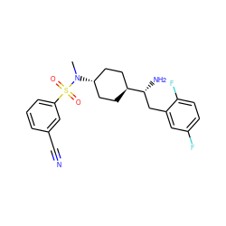 CN([C@H]1CC[C@H]([C@H](N)Cc2cc(F)ccc2F)CC1)S(=O)(=O)c1cccc(C#N)c1 ZINC000261117939