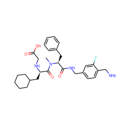 CN(C(=O)[C@@H](CC1CCCCC1)NCC(=O)O)[C@@H](Cc1ccccc1)C(=O)NCc1ccc(CN)c(F)c1 ZINC000206335617