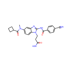 CN(C(=O)C1CCC1)c1ccc2c(c1)nc(NC(=O)c1ccc(C#N)cc1)n2CCC(N)=O ZINC000040861265