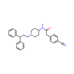 CN(C(=O)Cc1ccc(C#N)cc1)C1CCN(CCC(c2ccccc2)c2ccccc2)CC1 ZINC000028131652