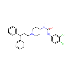 CN(C(=O)Nc1ccc(Cl)c(Cl)c1)C1CCN(CCC(c2ccccc2)c2ccccc2)CC1 ZINC000028357885