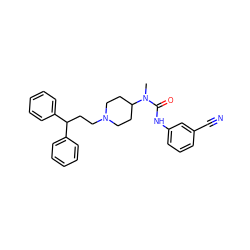 CN(C(=O)Nc1cccc(C#N)c1)C1CCN(CCC(c2ccccc2)c2ccccc2)CC1 ZINC000028347645