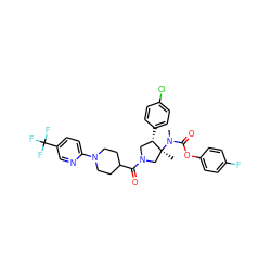 CN(C(=O)Oc1ccc(F)cc1)[C@@]1(C)CN(C(=O)C2CCN(c3ccc(C(F)(F)F)cn3)CC2)C[C@@H]1c1ccc(Cl)cc1 ZINC000169698932