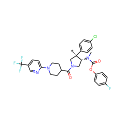 CN(C(=O)Oc1ccc(F)cc1)[C@@H]1CN(C(=O)C2CCN(c3ccc(C(F)(F)F)cn3)CC2)C[C@@]1(C)c1ccc(Cl)cc1 ZINC000169698950