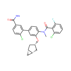 CN(C(=O)c1c(F)cccc1Cl)c1ccc(-c2cc(C(N)=O)ccc2Cl)cc1O[C@@H]1C[C@@H]2C[C@@H]2C1 ZINC000299824045