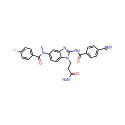 CN(C(=O)c1ccc(F)cc1)c1ccc2c(c1)nc(NC(=O)c1ccc(C#N)cc1)n2CCC(N)=O ZINC000040938657