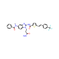 CN(C(=O)c1ccccc1)c1ccc2c(c1)nc(NC(=O)c1ccc(/C=C/c3ccc(C(F)(F)F)cc3)s1)n2CCC(N)=O ZINC000042851311