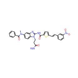 CN(C(=O)c1ccccc1)c1ccc2c(c1)nc(NC(=O)c1ccc(/C=C/c3cccc([N+](=O)[O-])c3)s1)n2CCC(N)=O ZINC000042803429