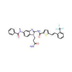 CN(C(=O)c1ccccc1)c1ccc2c(c1)nc(NC(=O)c1ccc(/C=C/c3ccccc3C(F)(F)F)s1)n2CCC(N)=O ZINC000044306200