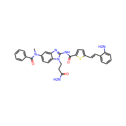 CN(C(=O)c1ccccc1)c1ccc2c(c1)nc(NC(=O)c1ccc(/C=C/c3ccccc3N)s1)n2CCC(N)=O ZINC000042834891