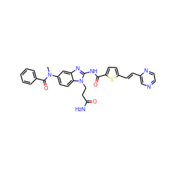 CN(C(=O)c1ccccc1)c1ccc2c(c1)nc(NC(=O)c1ccc(/C=C/c3cnccn3)s1)n2CCC(N)=O ZINC000049877674