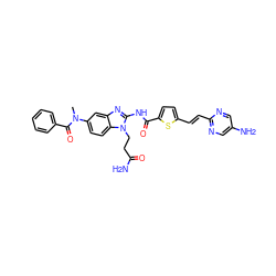 CN(C(=O)c1ccccc1)c1ccc2c(c1)nc(NC(=O)c1ccc(/C=C/c3ncc(N)cn3)s1)n2CCC(N)=O ZINC000042804785