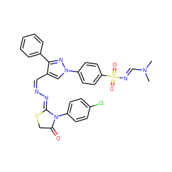 CN(C)/C=N/S(=O)(=O)c1ccc(-n2cc(/C=N\N=C3/SCC(=O)N3c3ccc(Cl)cc3)c(-c3ccccc3)n2)cc1 ZINC000101269332