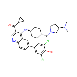 CN(C)[C@@H]1CCN(C[C@H]2CC[C@H](Nc3c(C(=O)C4CC4)cnc4ccc(-c5cc(Cl)c(O)c(Cl)c5)cc34)CC2)C1 ZINC000473159174