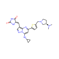 CN(C)[C@@H]1CCN(Cc2ccc(-c3cc(NC4CC4)n4ncc(/C=C5\NC(=O)NC5=O)c4n3)s2)C1 ZINC000144895593