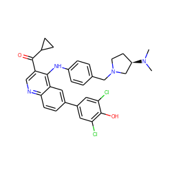 CN(C)[C@@H]1CCN(Cc2ccc(Nc3c(C(=O)C4CC4)cnc4ccc(-c5cc(Cl)c(O)c(Cl)c5)cc34)cc2)C1 ZINC000114038299