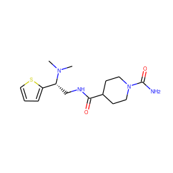 CN(C)[C@H](CNC(=O)C1CCN(C(N)=O)CC1)c1cccs1 ZINC000047872495