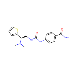 CN(C)[C@H](CNC(=O)Nc1ccc(C(N)=O)cc1)c1cccs1 ZINC000043714067