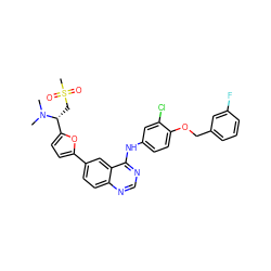 CN(C)[C@H](CS(C)(=O)=O)c1ccc(-c2ccc3ncnc(Nc4ccc(OCc5cccc(F)c5)c(Cl)c4)c3c2)o1 ZINC000115937836