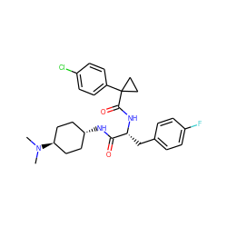 CN(C)[C@H]1CC[C@H](NC(=O)[C@@H](Cc2ccc(F)cc2)NC(=O)C2(c3ccc(Cl)cc3)CC2)CC1 ZINC000261169383