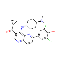 CN(C)[C@H]1CC[C@H](Nc2c(C(=O)C3CC3)cnc3ccc(-c4cc(Cl)c(O)c(Cl)c4)nc23)CC1 ZINC000473164976