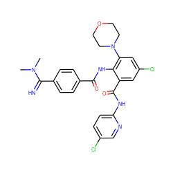 CN(C)C(=N)c1ccc(C(=O)Nc2c(C(=O)Nc3ccc(Cl)cn3)cc(Cl)cc2N2CCOCC2)cc1 ZINC000042875168