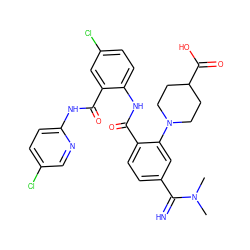 CN(C)C(=N)c1ccc(C(=O)Nc2ccc(Cl)cc2C(=O)Nc2ccc(Cl)cn2)c(N2CCC(C(=O)O)CC2)c1 ZINC000043552714