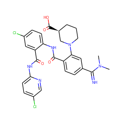 CN(C)C(=N)c1ccc(C(=O)Nc2ccc(Cl)cc2C(=O)Nc2ccc(Cl)cn2)c(N2CCC[C@H](C(=O)O)C2)c1 ZINC000036126781