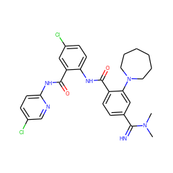 CN(C)C(=N)c1ccc(C(=O)Nc2ccc(Cl)cc2C(=O)Nc2ccc(Cl)cn2)c(N2CCCCCC2)c1 ZINC000044417296