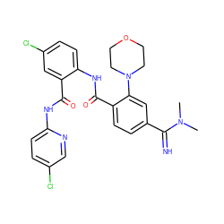 CN(C)C(=N)c1ccc(C(=O)Nc2ccc(Cl)cc2C(=O)Nc2ccc(Cl)cn2)c(N2CCOCC2)c1 ZINC000044417293