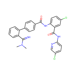 CN(C)C(=N)c1ccccc1-c1ccc(C(=O)Nc2ccc(Cl)cc2C(=O)Nc2ccc(Cl)cn2)cc1 ZINC000028111306