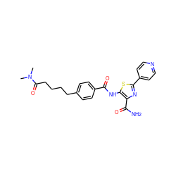 CN(C)C(=O)CCCCc1ccc(C(=O)Nc2sc(-c3ccncc3)nc2C(N)=O)cc1 ZINC000149916236