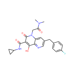 CN(C)C(=O)Cn1c(=O)c(C(=O)NC2CC2)c(O)c2ncc(Cc3ccc(F)cc3)cc21 ZINC000148701255