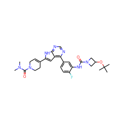 CN(C)C(=O)N1CC=C(c2cc3c(-c4ccc(F)c(NC(=O)N5CC(OC(C)(C)C)C5)c4)ncnc3[nH]2)CC1 ZINC000142910858