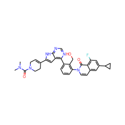 CN(C)C(=O)N1CC=C(c2cc3c(-c4cccc(-n5ccc6cc(C7CC7)cc(F)c6c5=O)c4CO)ncnc3[nH]2)CC1 ZINC000299870922