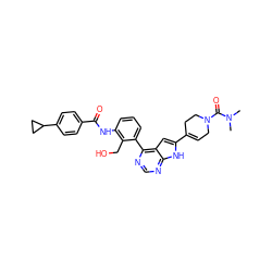 CN(C)C(=O)N1CC=C(c2cc3c(-c4cccc(NC(=O)c5ccc(C6CC6)cc5)c4CO)ncnc3[nH]2)CC1 ZINC000142895222