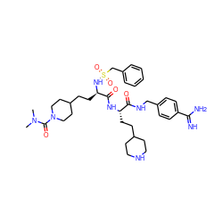 CN(C)C(=O)N1CCC(CC[C@@H](NS(=O)(=O)Cc2ccccc2)C(=O)N[C@@H](CCC2CCNCC2)C(=O)NCc2ccc(C(=N)N)cc2)CC1 ZINC000169697465