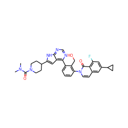 CN(C)C(=O)N1CCC(c2cc3c(-c4cccc(-n5ccc6cc(C7CC7)cc(F)c6c5=O)c4CO)ncnc3[nH]2)CC1 ZINC000299866406