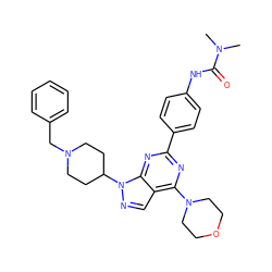 CN(C)C(=O)Nc1ccc(-c2nc(N3CCOCC3)c3cnn(C4CCN(Cc5ccccc5)CC4)c3n2)cc1 ZINC000049784894