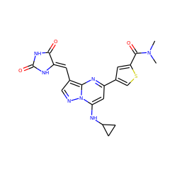 CN(C)C(=O)c1cc(-c2cc(NC3CC3)n3ncc(/C=C4\NC(=O)NC4=O)c3n2)cs1 ZINC000205023943