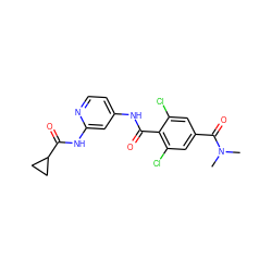 CN(C)C(=O)c1cc(Cl)c(C(=O)Nc2ccnc(NC(=O)C3CC3)c2)c(Cl)c1 ZINC000096928694