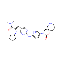 CN(C)C(=O)c1cc2cnc(Nc3ccc(N4C[C@@]5(CCCNC5)OC4=O)cn3)nc2n1C1CCCC1 ZINC000118589026