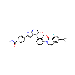 CN(C)C(=O)c1ccc(-c2cc3c(-c4cccc(-n5ccc6cc(C7CC7)cc(F)c6c5=O)c4CO)ccnc3[nH]2)cc1 ZINC001772605384